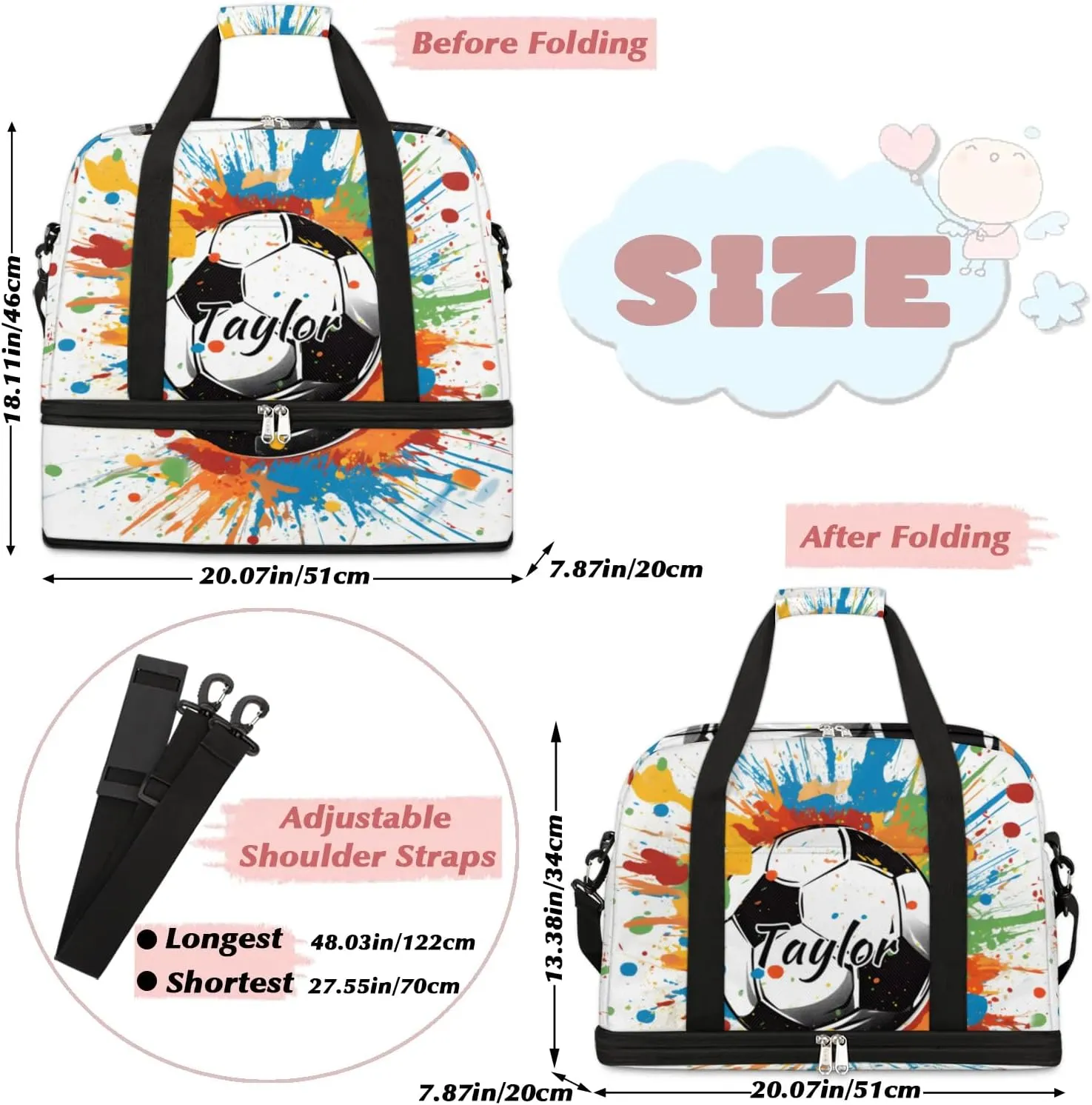 Customized Gym Bag for Women, Personalized Soccer Travel Duffel Bag with Name, Colorful Soccer Weekender Overnight Bag with Shoes Compartment for Men Travel Yoga