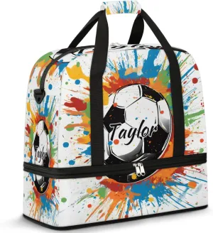 Customized Gym Bag for Women, Personalized Soccer Travel Duffel Bag with Name, Colorful Soccer Weekender Overnight Bag with Shoes Compartment for Men Travel Yoga