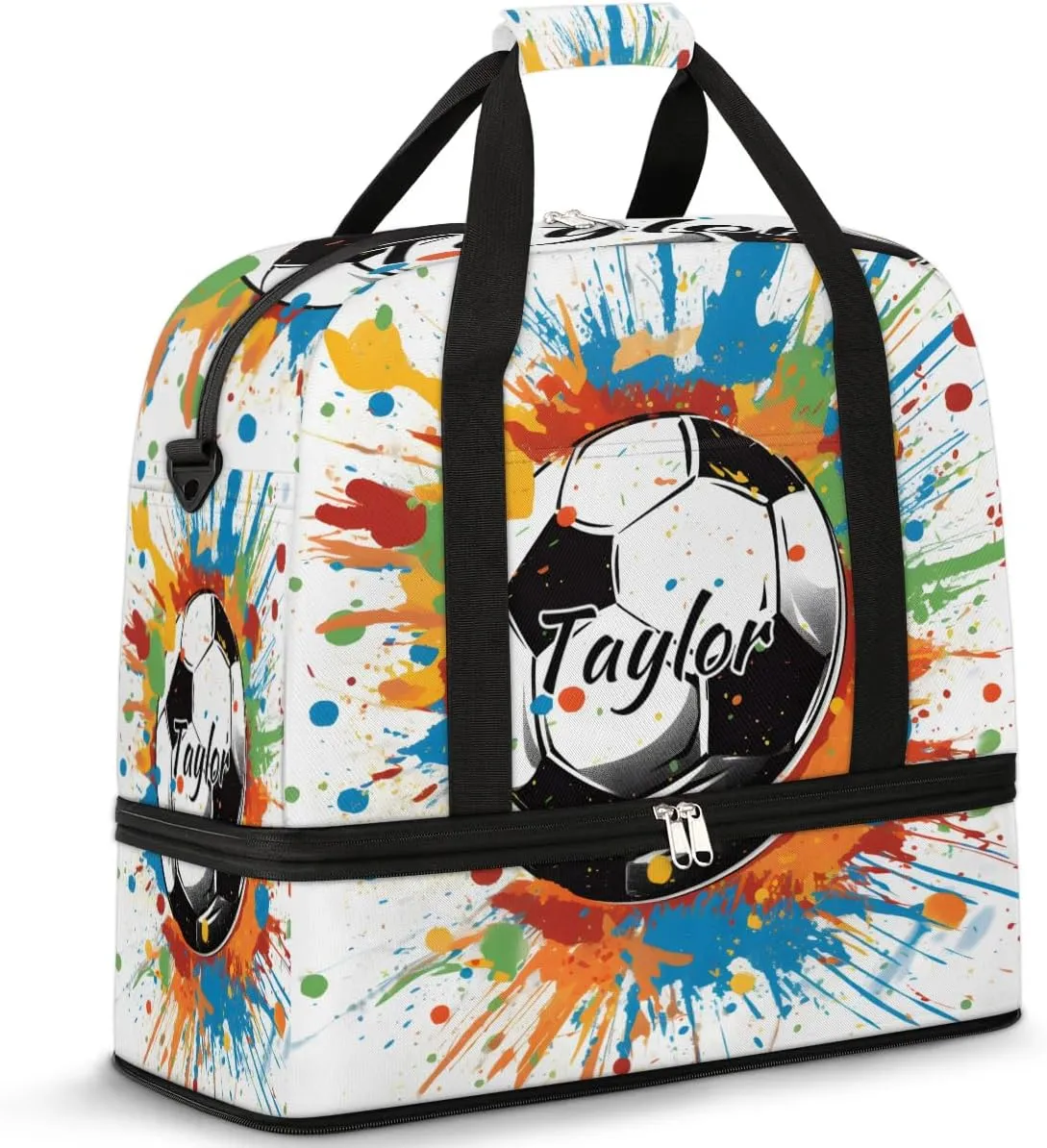 Customized Gym Bag for Women, Personalized Soccer Travel Duffel Bag with Name, Colorful Soccer Weekender Overnight Bag with Shoes Compartment for Men Travel Yoga