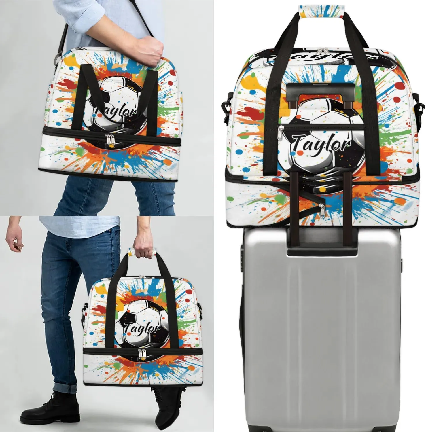 Customized Gym Bag for Women, Personalized Soccer Travel Duffel Bag with Name, Colorful Soccer Weekender Overnight Bag with Shoes Compartment for Men Travel Yoga