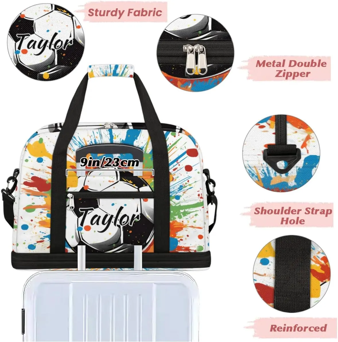 Customized Gym Bag for Women, Personalized Soccer Travel Duffel Bag with Name, Colorful Soccer Weekender Overnight Bag with Shoes Compartment for Men Travel Yoga