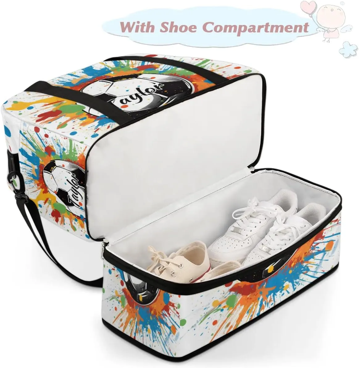 Customized Gym Bag for Women, Personalized Soccer Travel Duffel Bag with Name, Colorful Soccer Weekender Overnight Bag with Shoes Compartment for Men Travel Yoga