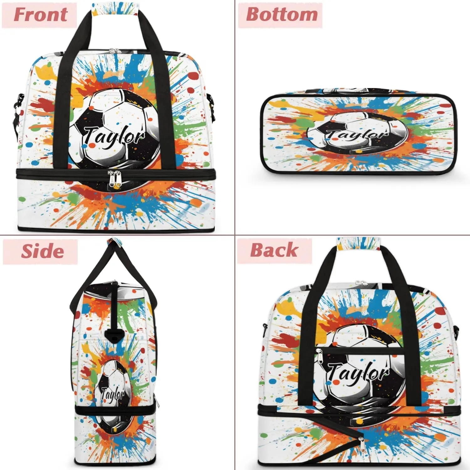 Customized Gym Bag for Women, Personalized Soccer Travel Duffel Bag with Name, Colorful Soccer Weekender Overnight Bag with Shoes Compartment for Men Travel Yoga