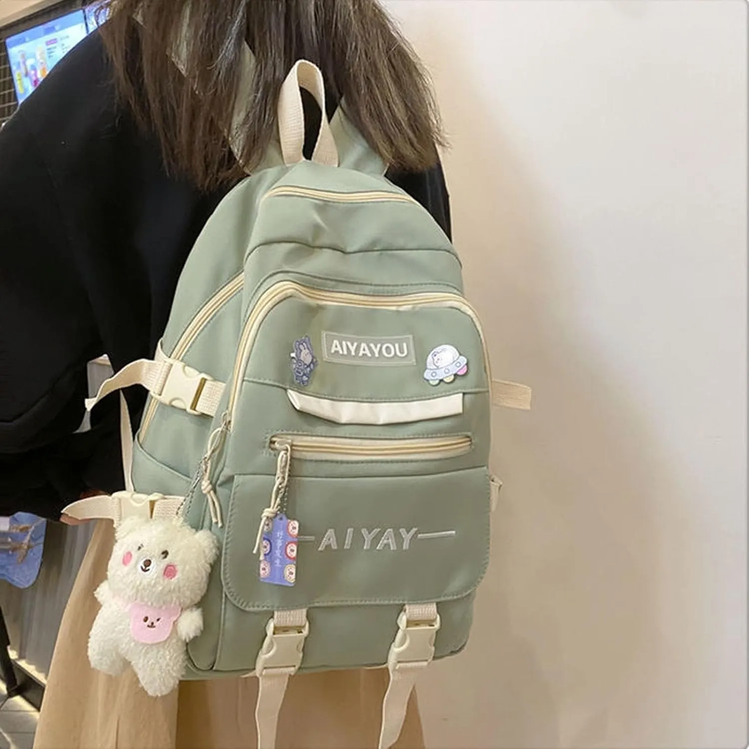 Cute Backpack Kawaii Backpack for School Aesthetic Backpack Kawaii School Supplies Cute Backpacks with Accessories (Green)