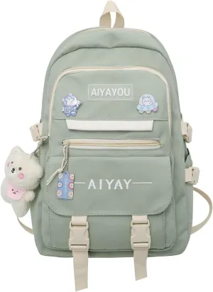 Cute Backpack Kawaii Backpack for School Aesthetic Backpack Kawaii School Supplies Cute Backpacks with Accessories (Green)