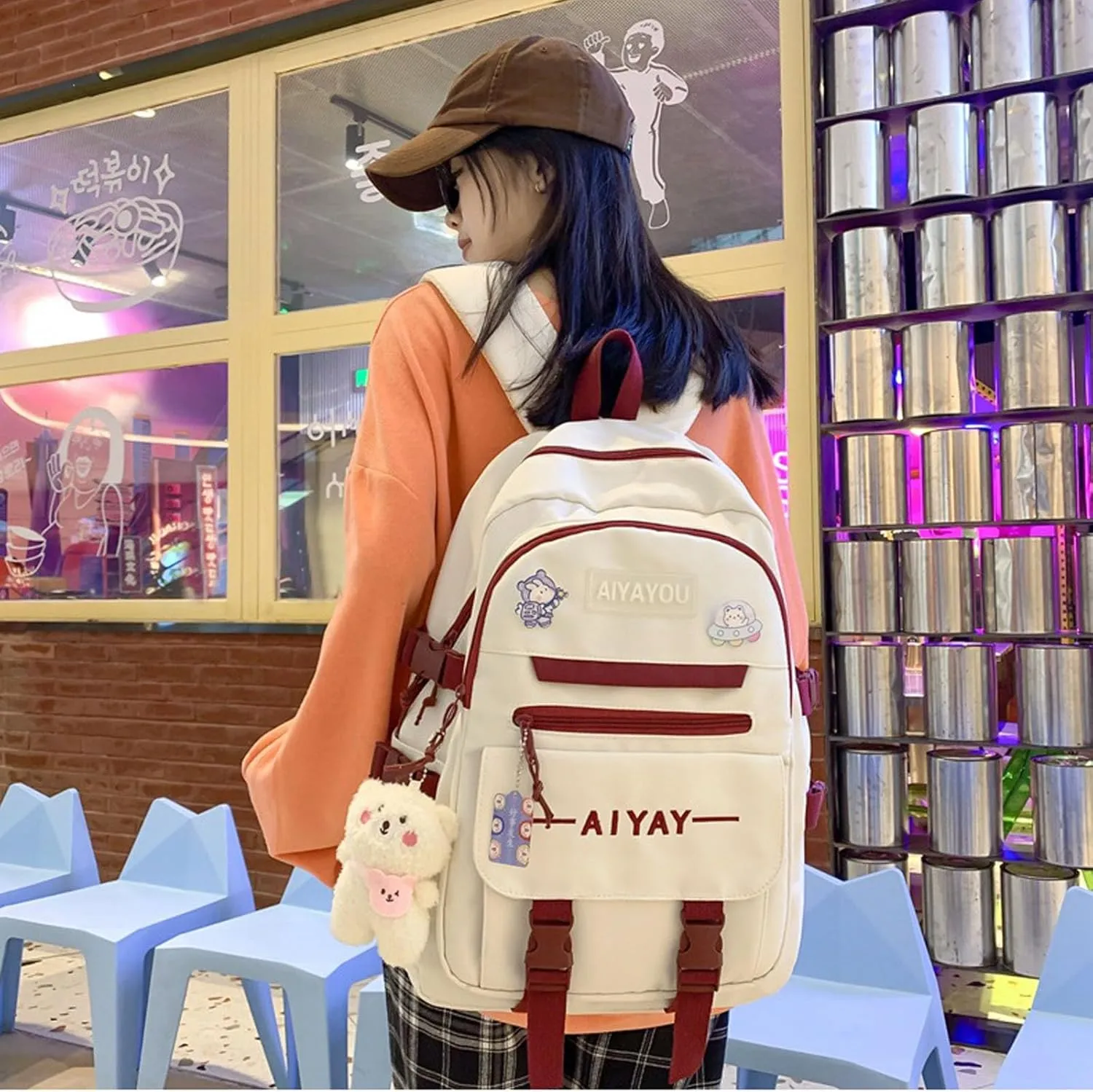 Cute Backpack Kawaii Backpack for School Aesthetic Backpack Kawaii School Supplies Cute Backpacks with Accessories (White)