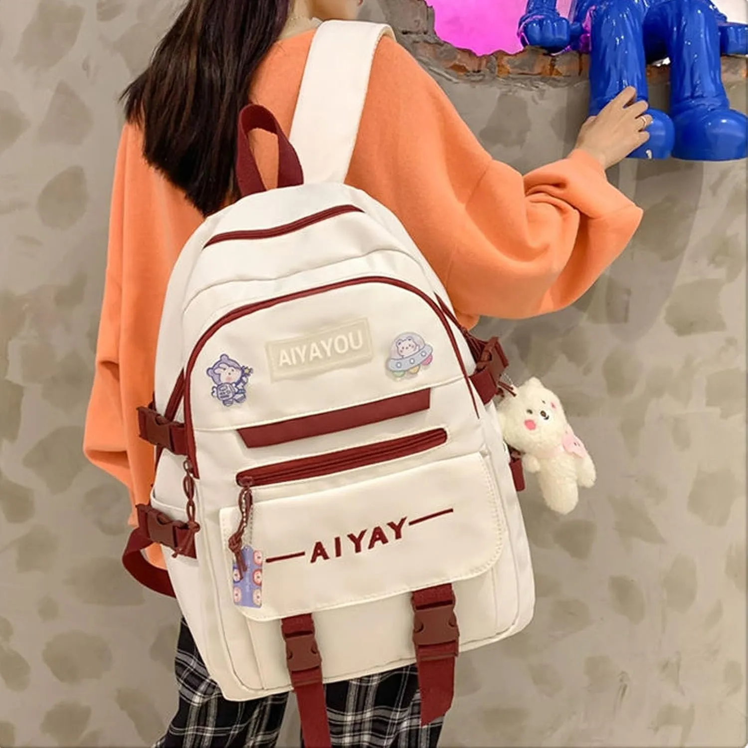Cute Backpack Kawaii Backpack for School Aesthetic Backpack Kawaii School Supplies Cute Backpacks with Accessories (White)