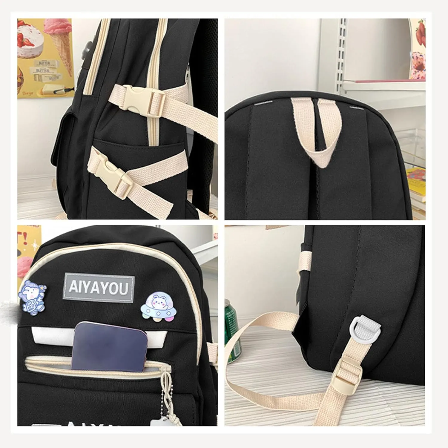 Cute Backpack Kawaii Backpack for School Aesthetic Backpack Kawaii School Supplies Cute Backpacks with Accessories (White)