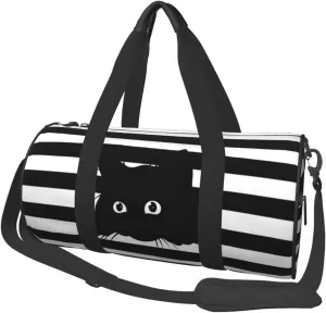 Cute Cat On Black And White Striped Background Sports Gym Bag Travel Duffel Bag Shoes Compartment For Men Women Foldable Lightweight Yoga Gym Sports Bag
