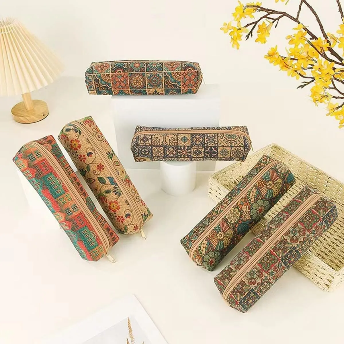 Cute Cork Printing Makeup Bag Small Cosmetic Bag, Aesthetic Pencil Pouch Toiletry for Women Travel Accessories