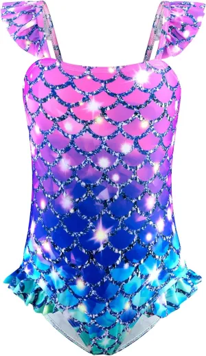 DAXIANG Girls One Piece Ruffle Strap Swimsuit Quick Dry Mermaid Swimwear Beach Sport Bathing Suit for Toddler Kids 4-11 Years