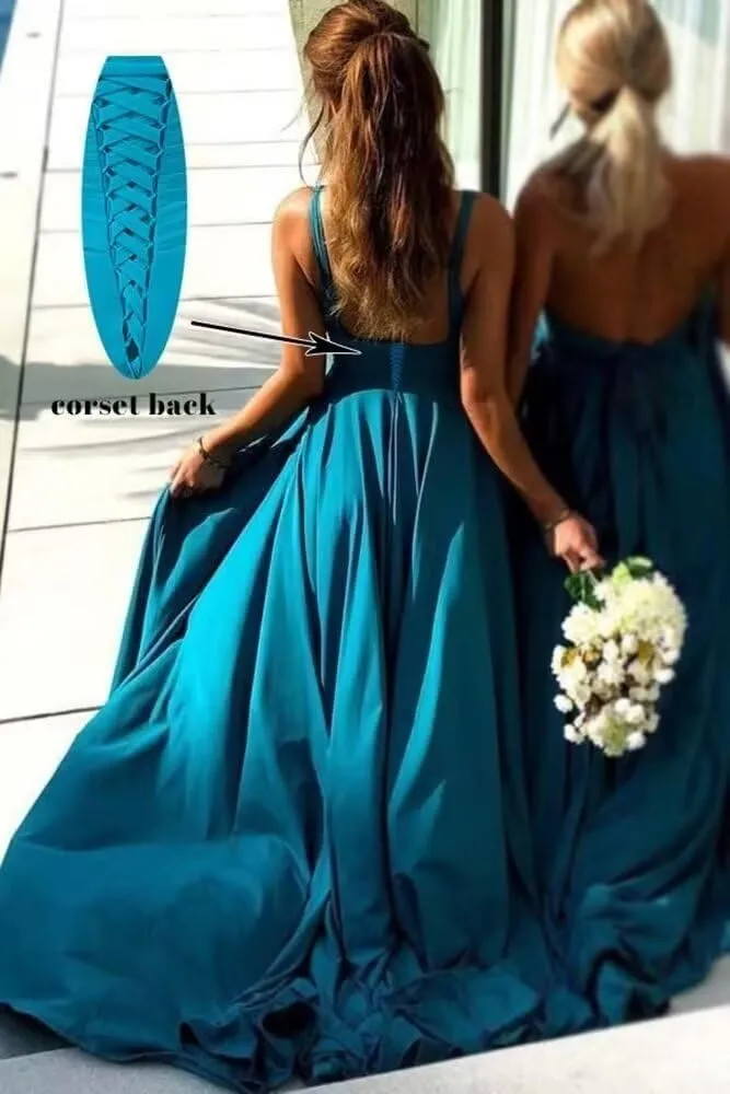 Deep V-Neck Bridesmaid Dresses Long Sleeveless A-Line Chiffon Formal Evening Party Gown with Slit DR0163