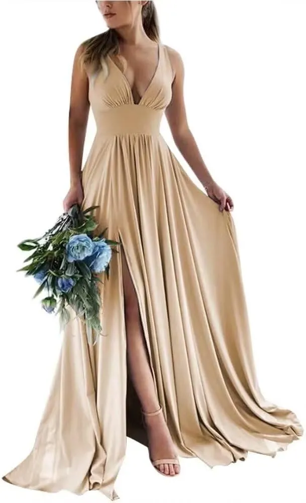 Deep V-Neck Bridesmaid Dresses Long Sleeveless A-Line Chiffon Formal Evening Party Gown with Slit DR0163