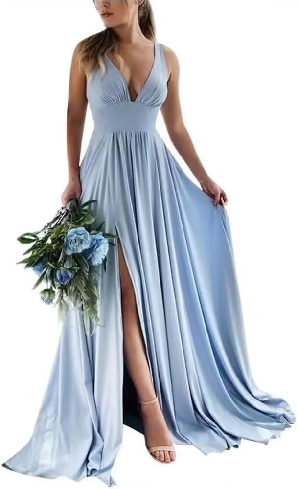 Deep V-Neck Bridesmaid Dresses Long Sleeveless A-Line Chiffon Formal Evening Party Gown with Slit DR0163