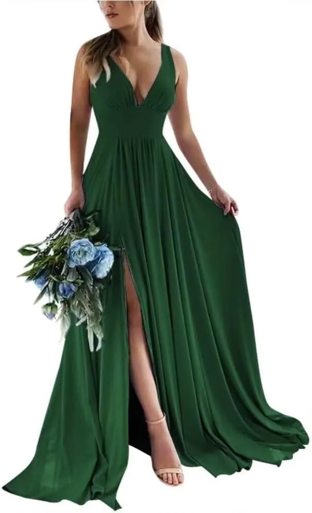 Deep V-Neck Bridesmaid Dresses Long Sleeveless A-Line Chiffon Formal Evening Party Gown with Slit DR0163
