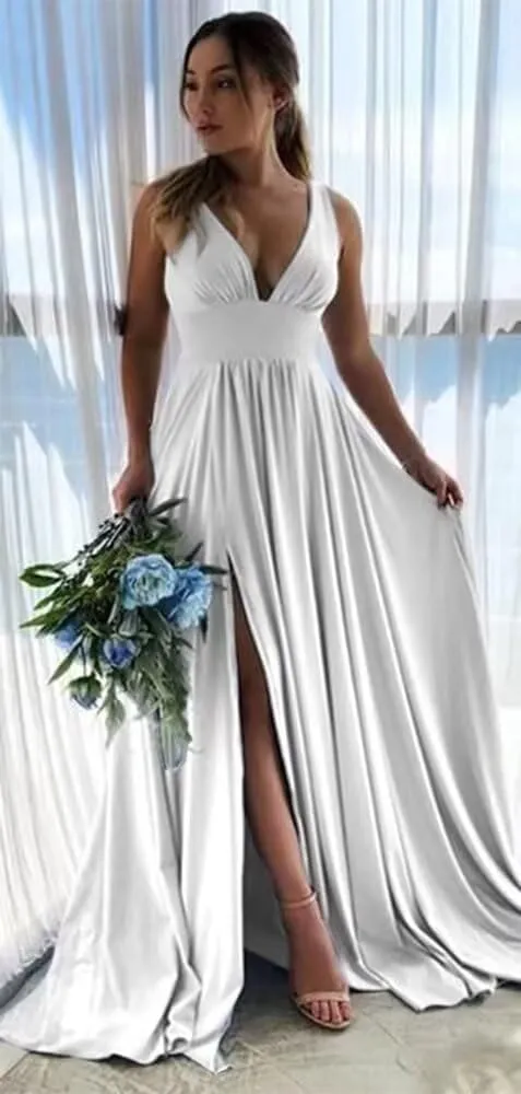 Deep V-Neck Bridesmaid Dresses Long Sleeveless A-Line Chiffon Formal Evening Party Gown with Slit DR0163
