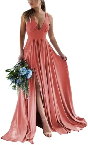 Deep V-Neck Bridesmaid Dresses Long Sleeveless A-Line Chiffon Formal Evening Party Gown with Slit DR0163