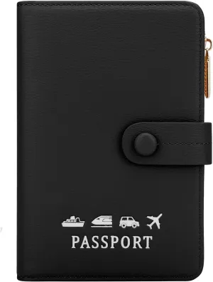 DOB SECHS Passport Holder Wallet for Women, Leather RFID Blocking Passport Cover Credit Cards Case Women Travel Accessories Organizer Pouch Bag with ID Window Zippered Cash Pocket SIM Slots, Black