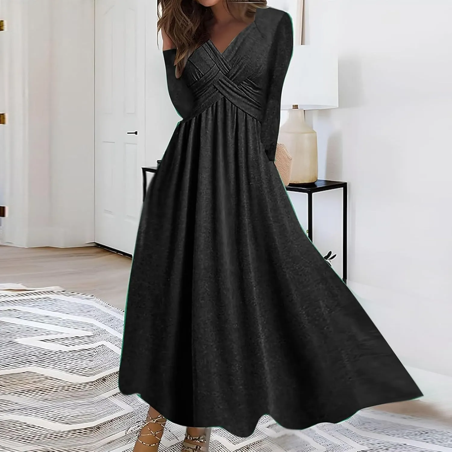 Dresses for Women Crisscross Twist Front V Neck Casual Short Sleeve Maxi Dress Pleated Beach Smocked Wedding Dress