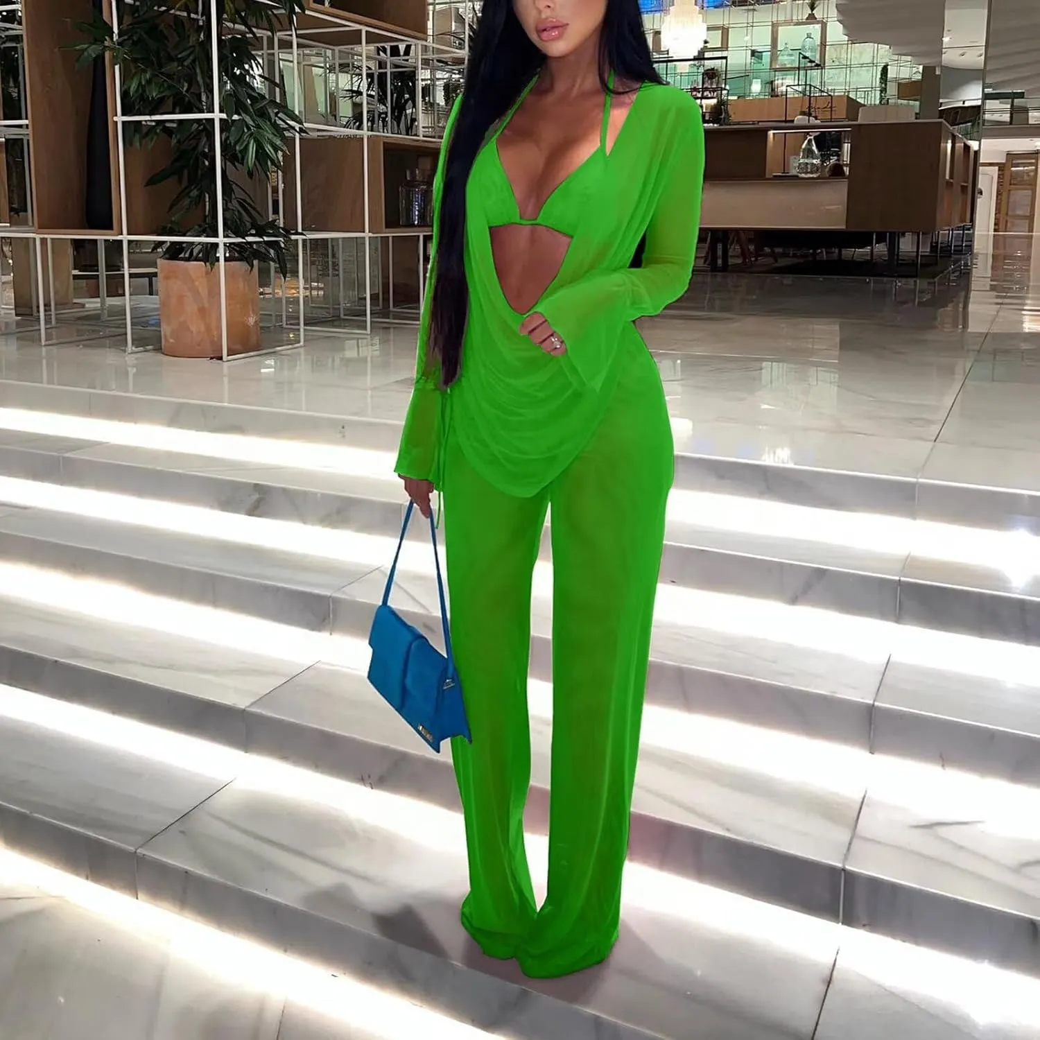 EDITCOZY Women Mesh Sheer 3pcs Outfits Long Sleeve Top Long Pant Bikini Cover Up