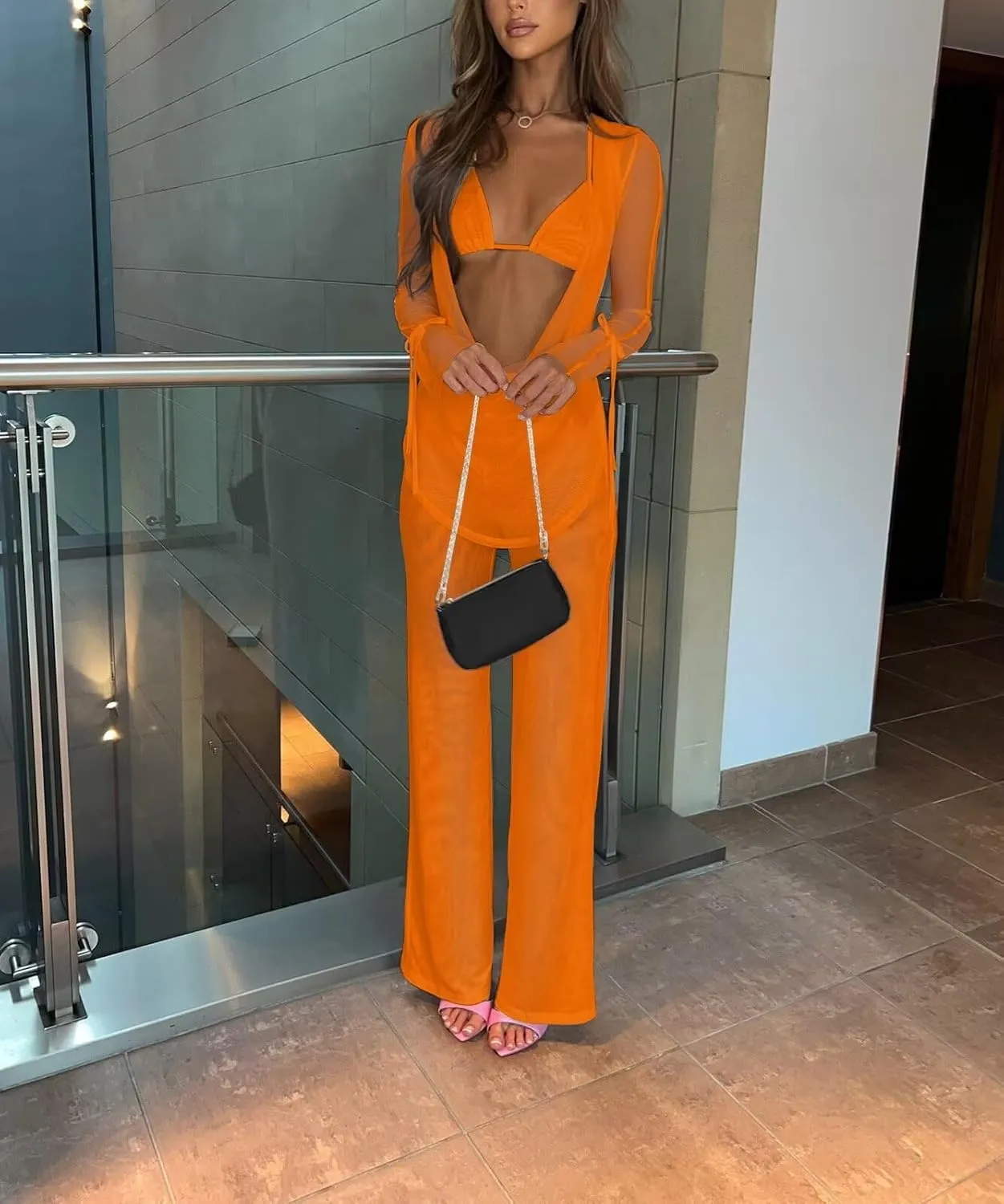 EDITCOZY Women Mesh Sheer 3pcs Outfits Long Sleeve Top Long Pant Bikini Cover Up
