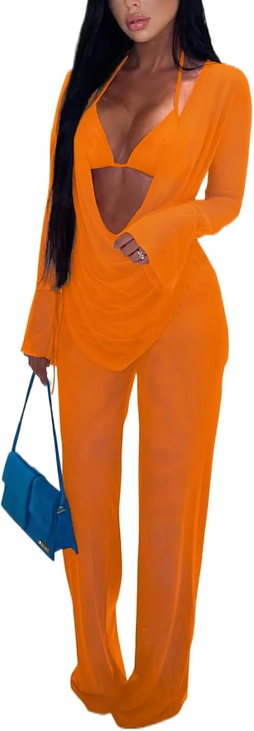 EDITCOZY Women Mesh Sheer 3pcs Outfits Long Sleeve Top Long Pant Bikini Cover Up