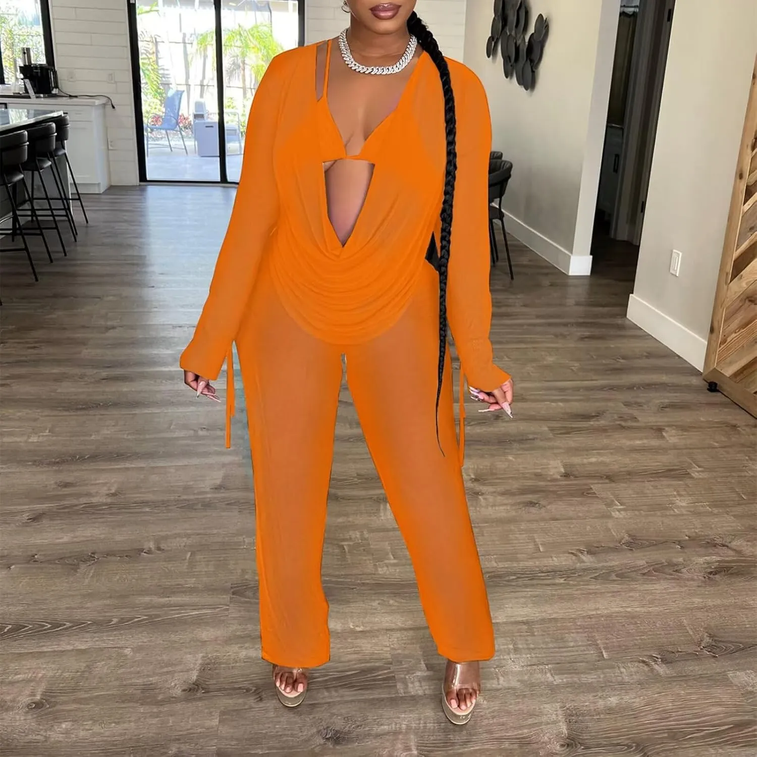 EDITCOZY Women Mesh Sheer 3pcs Outfits Long Sleeve Top Long Pant Bikini Cover Up