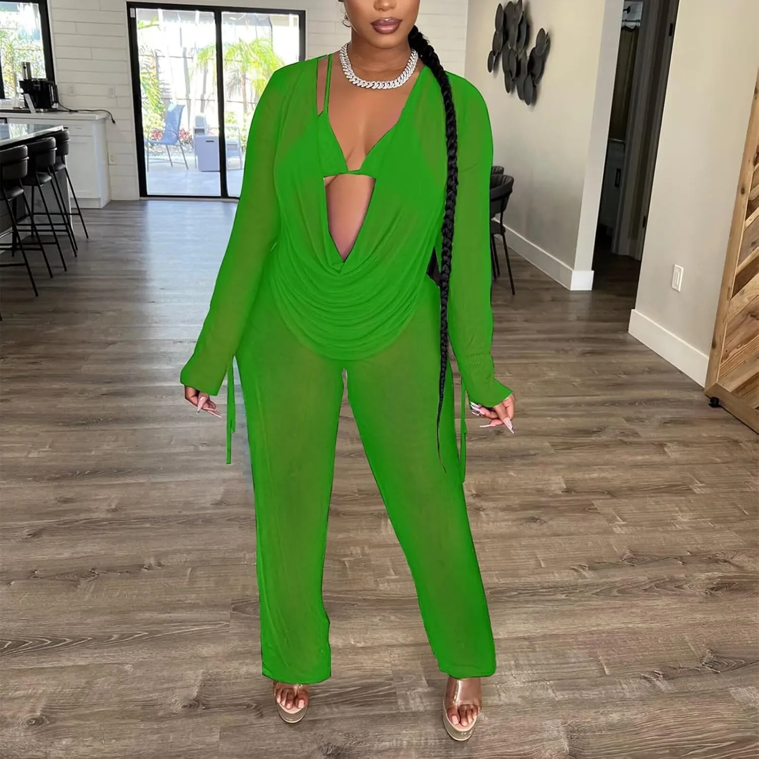 EDITCOZY Women Mesh Sheer 3pcs Outfits Long Sleeve Top Long Pant Bikini Cover Up