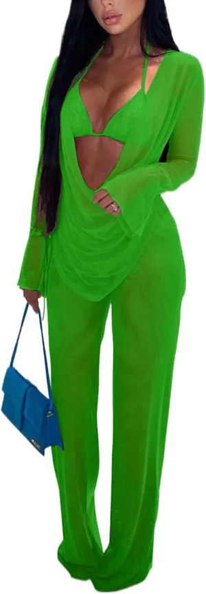 EDITCOZY Women Mesh Sheer 3pcs Outfits Long Sleeve Top Long Pant Bikini Cover Up