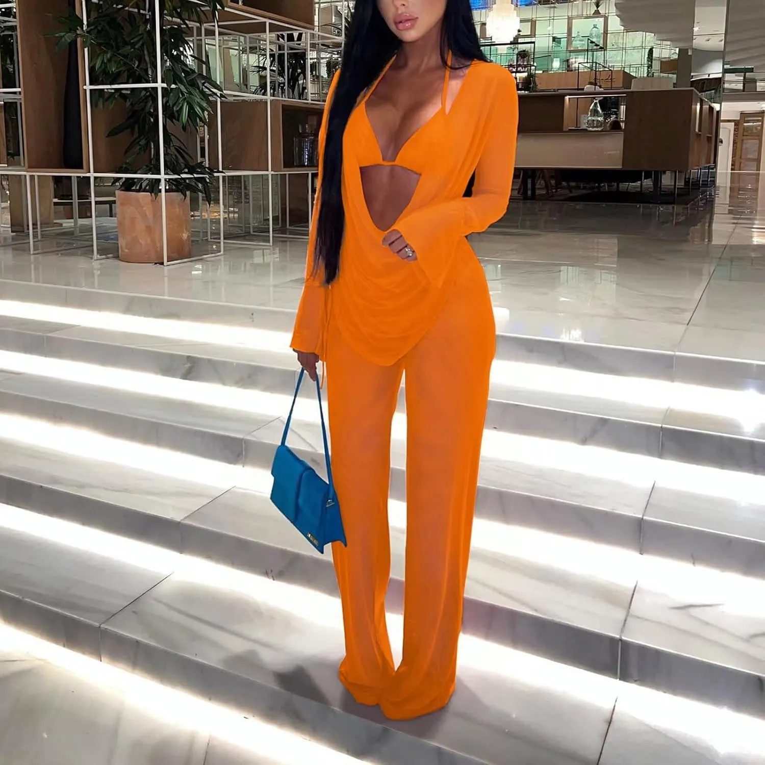 EDITCOZY Women Mesh Sheer 3pcs Outfits Long Sleeve Top Long Pant Bikini Cover Up