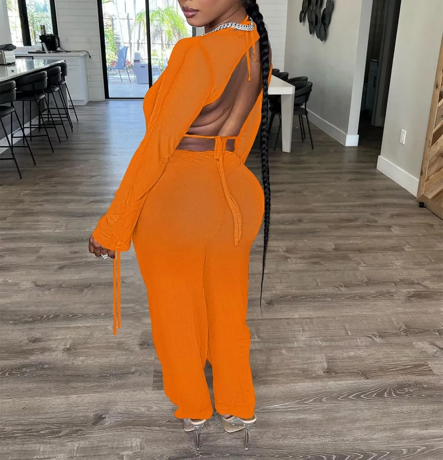 EDITCOZY Women Mesh Sheer 3pcs Outfits Long Sleeve Top Long Pant Bikini Cover Up
