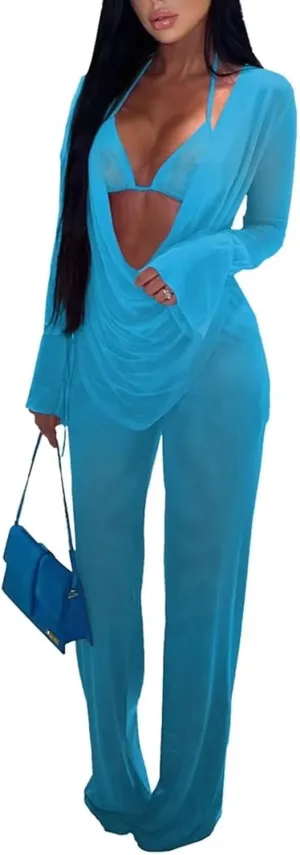 EDITCOZY Women Mesh Sheer 3pcs Outfits Long Sleeve Top Long Pant Bikini Cover Up