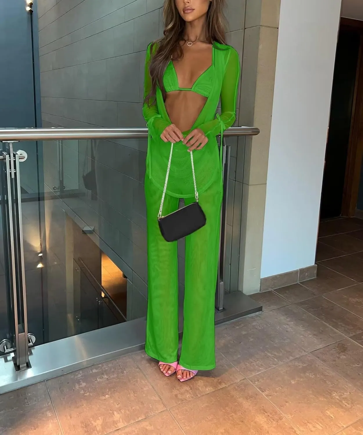 EDITCOZY Women Mesh Sheer 3pcs Outfits Long Sleeve Top Long Pant Bikini Cover Up
