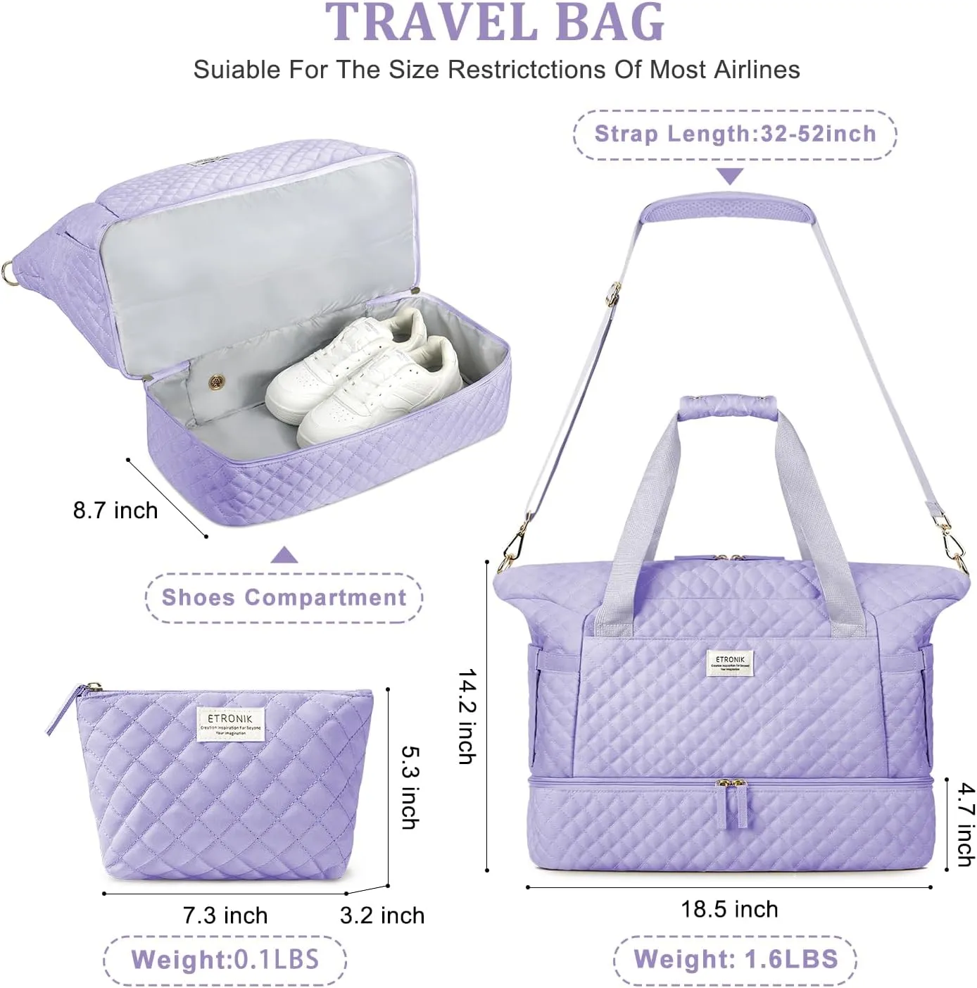 ETRONIK Travel Bag for Women, Gym Duffel Bag with Shoes Compartment, Weekender Overnight Bag with Wet Pocket for Women Travel Gym Daily Use (Purple)