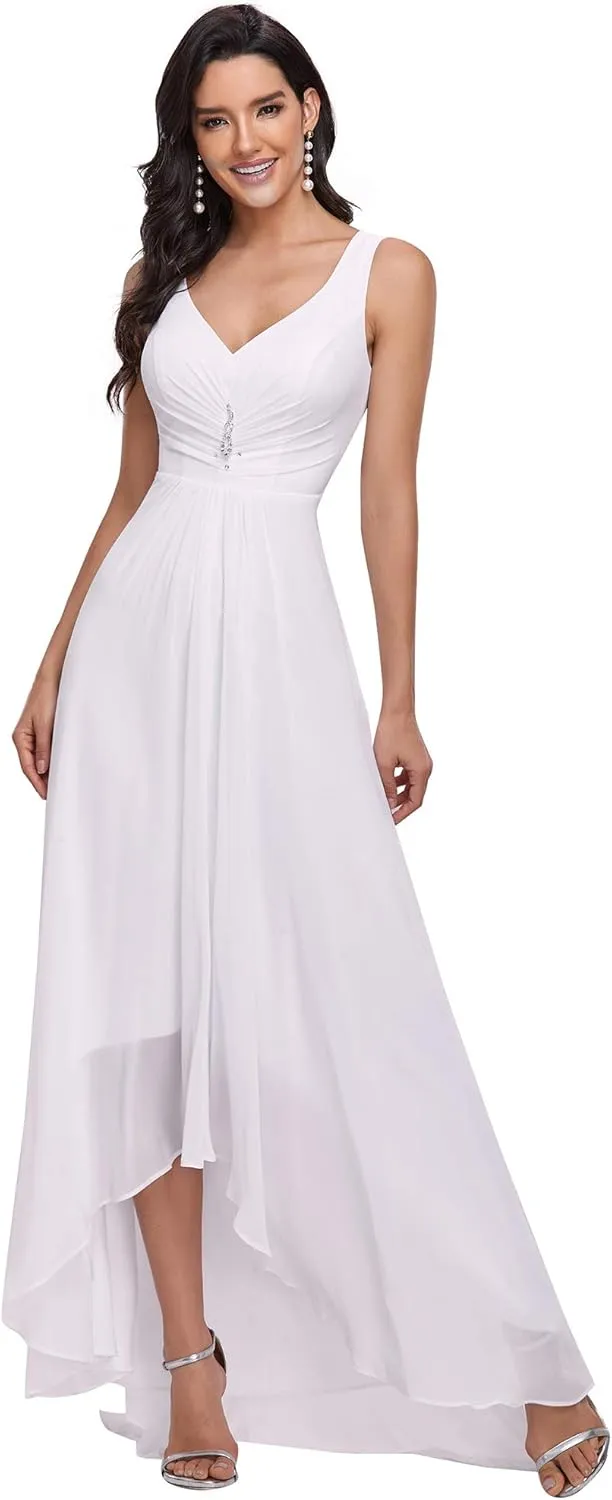 Ever-Pretty Double V-Neck Rhinestones Ruched Bust Hi-Lo Evening Party Dress 09983