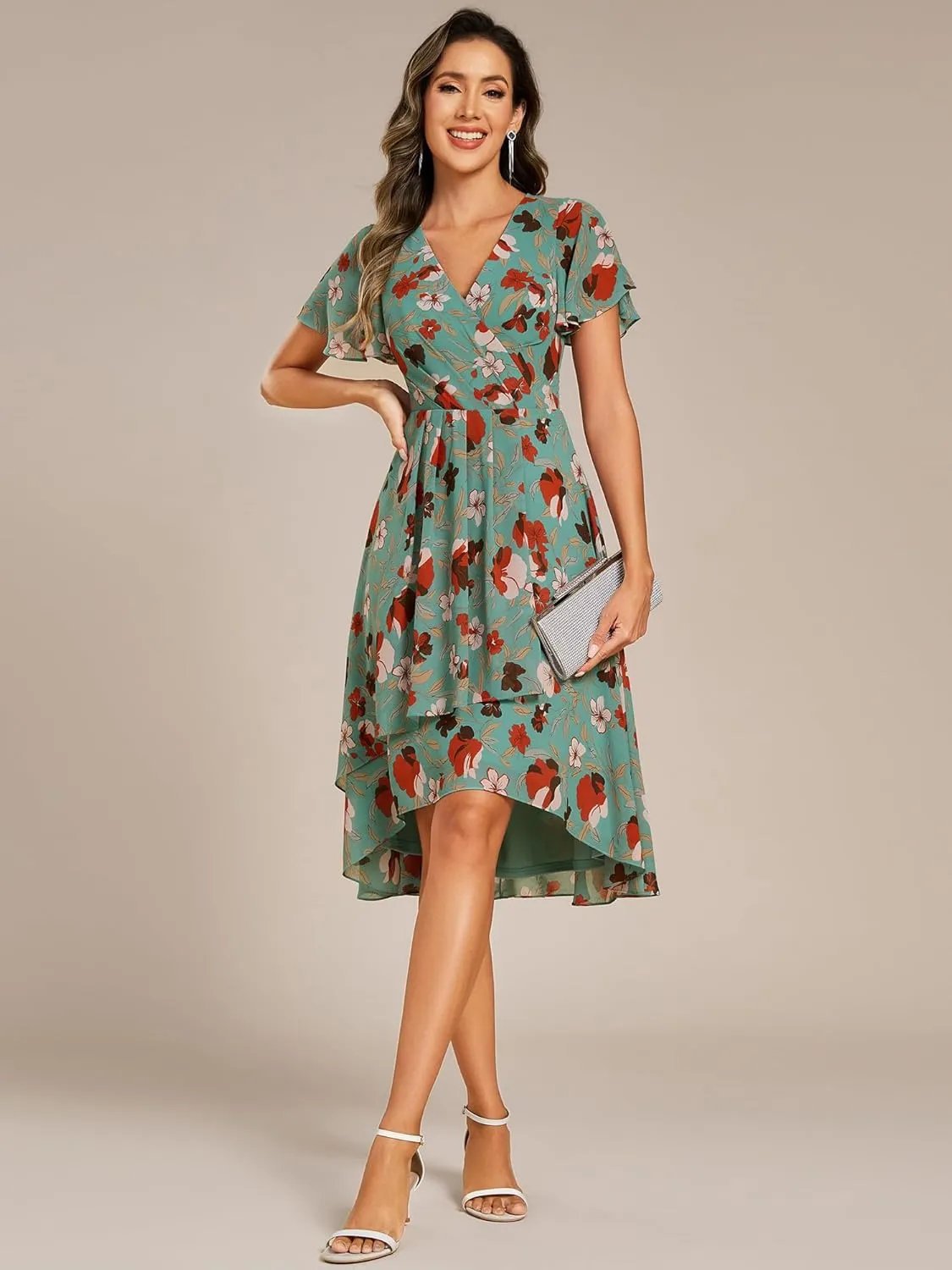 Ever-Pretty Women's Classic V Neck Pleated Short Sleeves Chiffon Hi-Lo Midi Wedding Guest Dress 03084