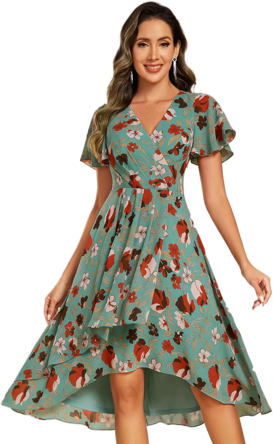 Ever-Pretty Women's Classic V Neck Pleated Short Sleeves Chiffon Hi-Lo Midi Wedding Guest Dress 03084