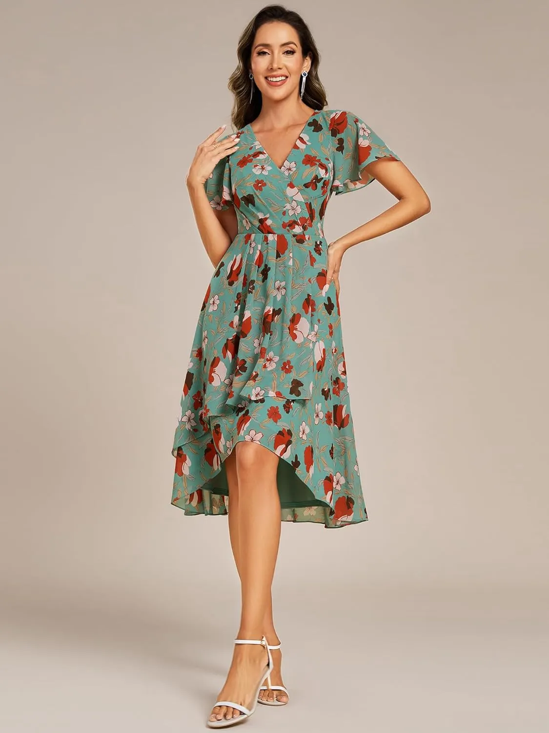 Ever-Pretty Women's Classic V Neck Pleated Short Sleeves Chiffon Hi-Lo Midi Wedding Guest Dress 03084