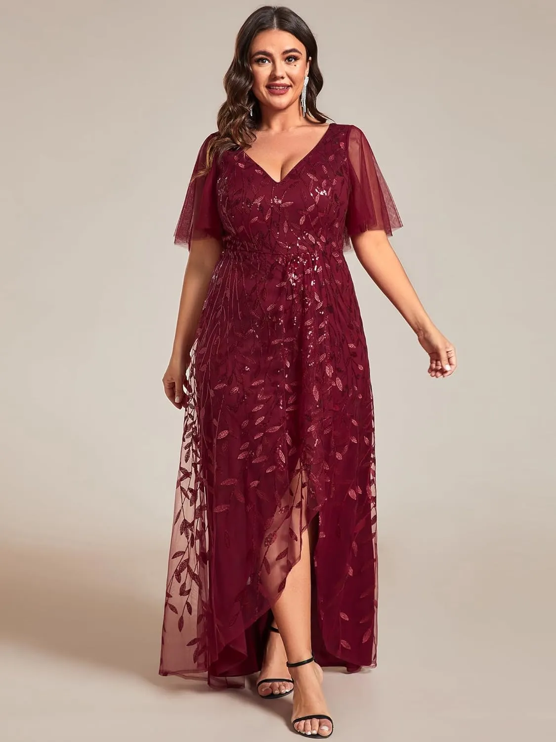 Ever-Pretty Women's Plus Size Gorgeous A Line Side Slit Sequin Embroidered Formal Evening Dress with Sleeves 02083-DA