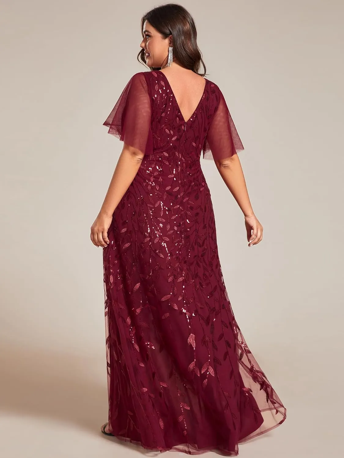 Ever-Pretty Women's Plus Size Gorgeous A Line Side Slit Sequin Embroidered Formal Evening Dress with Sleeves 02083-DA