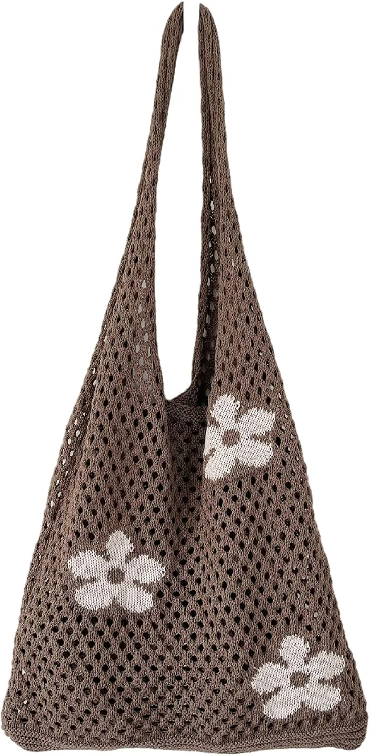 Fairycore Flower Hollow Crochet Tote Bag Big Capacity Shopping Shoulder Bags Women Y2K Aesthetic Cutecore Accessories