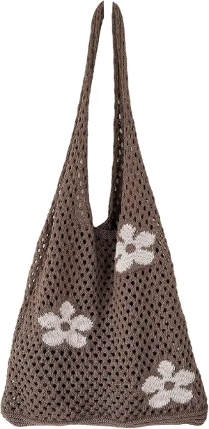 Fairycore Flower Hollow Crochet Tote Bag Big Capacity Shopping Shoulder Bags Women Y2K Aesthetic Cutecore Accessories