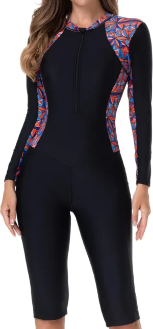 FEOYA Women Zip Front Rash Guard Colorblock Patchwork Swimsuit One Piece Monokini Boyleg Swimwear