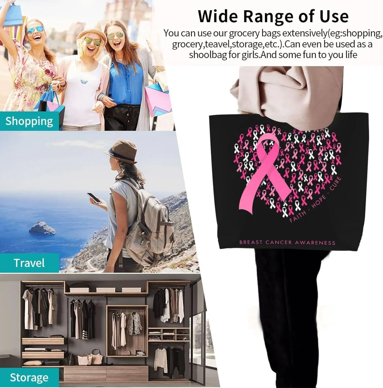 Fight Breast Cancer Awareness Ribbon Women's Tote Bag Large Capacity Single Shoulder Bags Handbag for Shopping Work