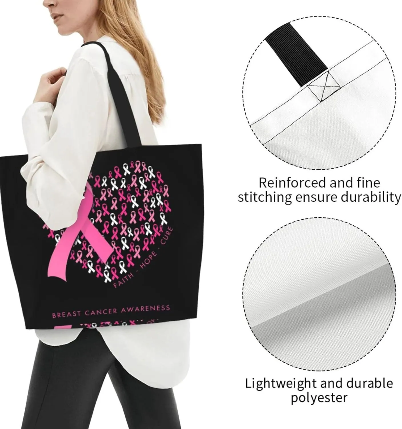 Fight Breast Cancer Awareness Ribbon Women's Tote Bag Large Capacity Single Shoulder Bags Handbag for Shopping Work