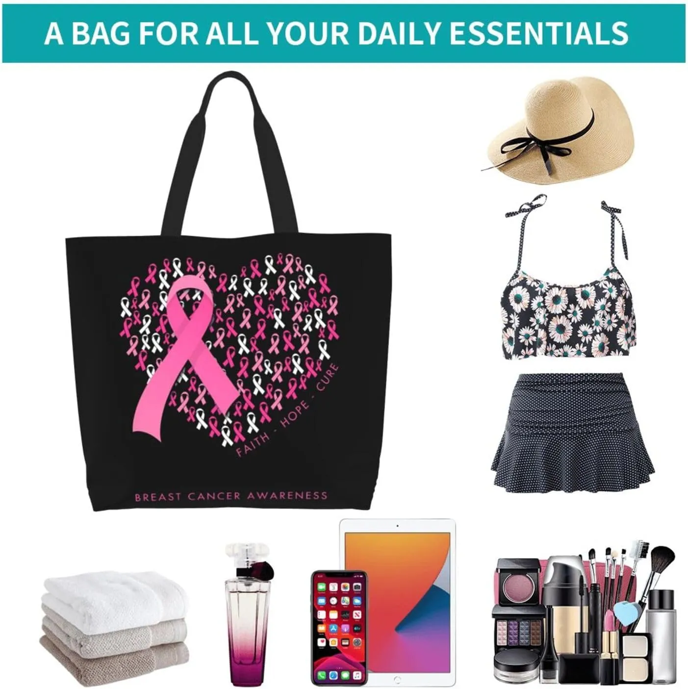 Fight Breast Cancer Awareness Ribbon Women's Tote Bag Large Capacity Single Shoulder Bags Handbag for Shopping Work