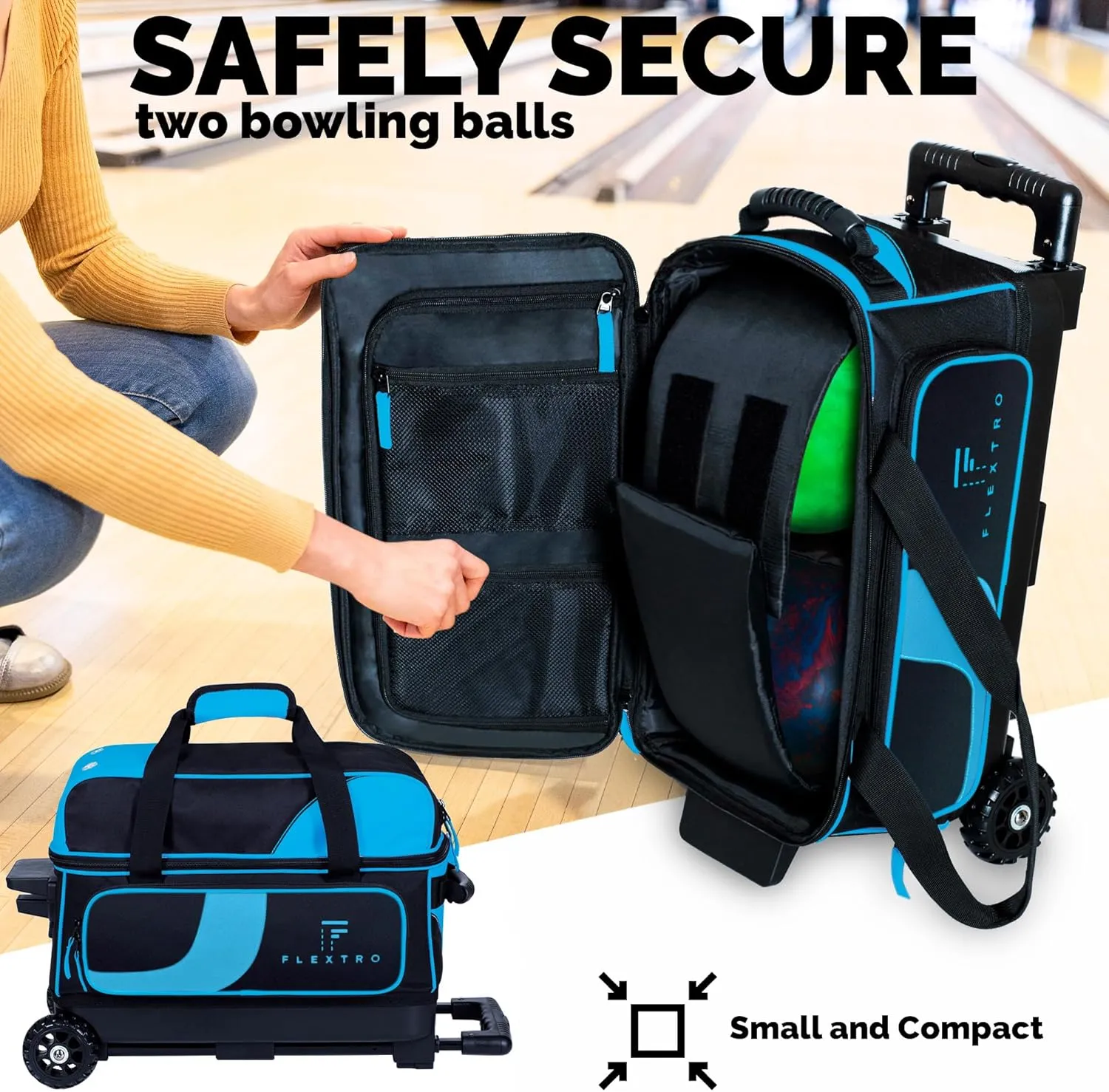 Flextro 2 Ball Bowling Bag with Wheels PLUS Single Ball Bowling Bag; 2 Ball Double Roller Trolley with Compartments for Bowling Equipment and Shoes
