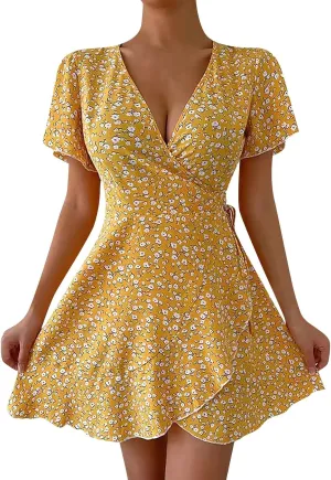 Floral Dress for Women V Neck T Shirt Dress Short Tie Elastic Waist Mini Dress Casual A-Line Ruffle Beach Dresses