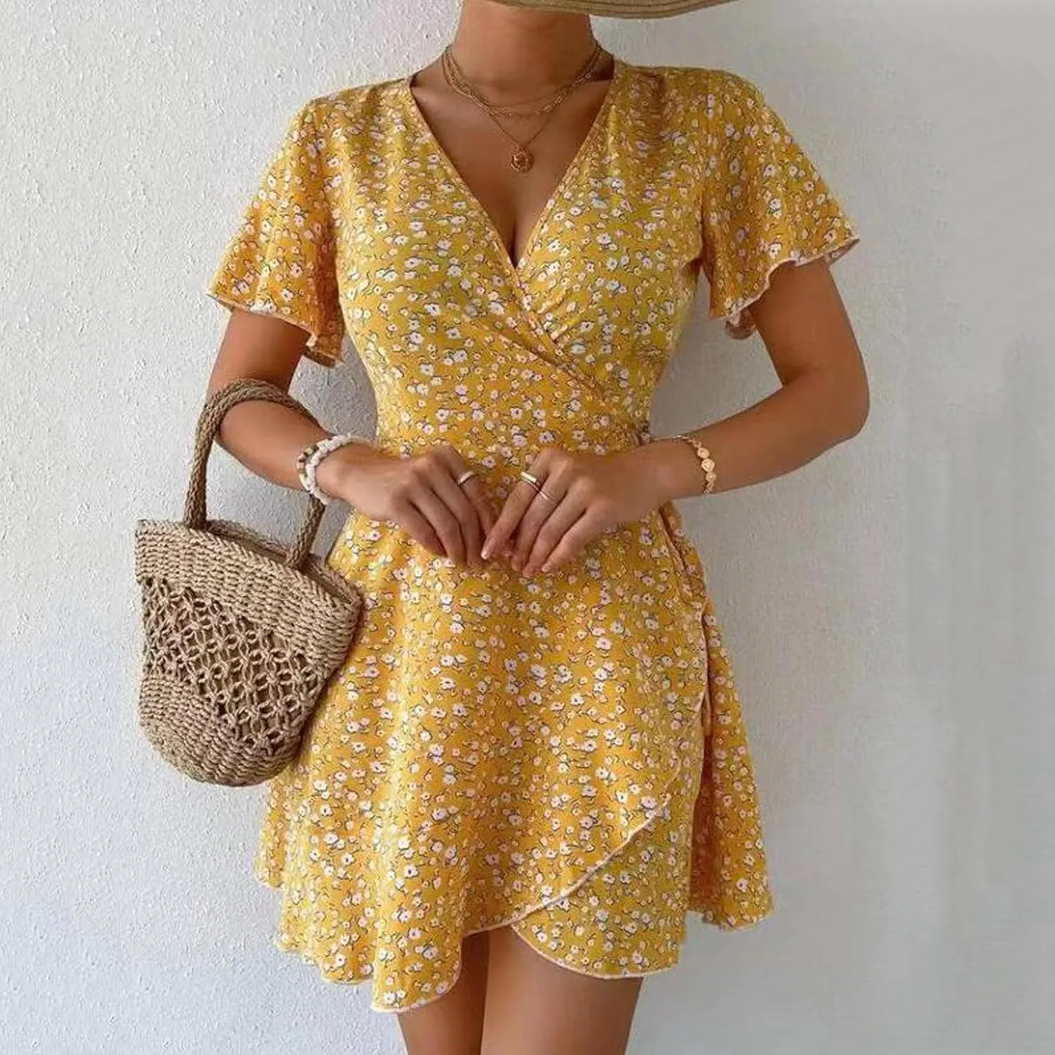 Floral Dress for Women V Neck T Shirt Dress Short Tie Elastic Waist Mini Dress Casual A-Line Ruffle Beach Dresses