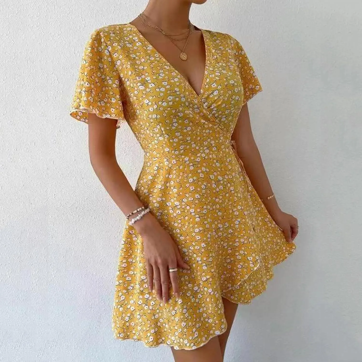 Floral Dress for Women V Neck T Shirt Dress Short Tie Elastic Waist Mini Dress Casual A-Line Ruffle Beach Dresses